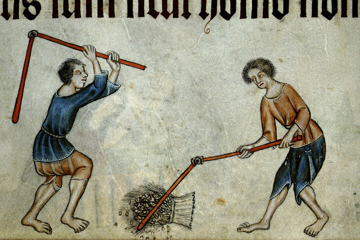 medieval depiction of two people in the process of threshing.