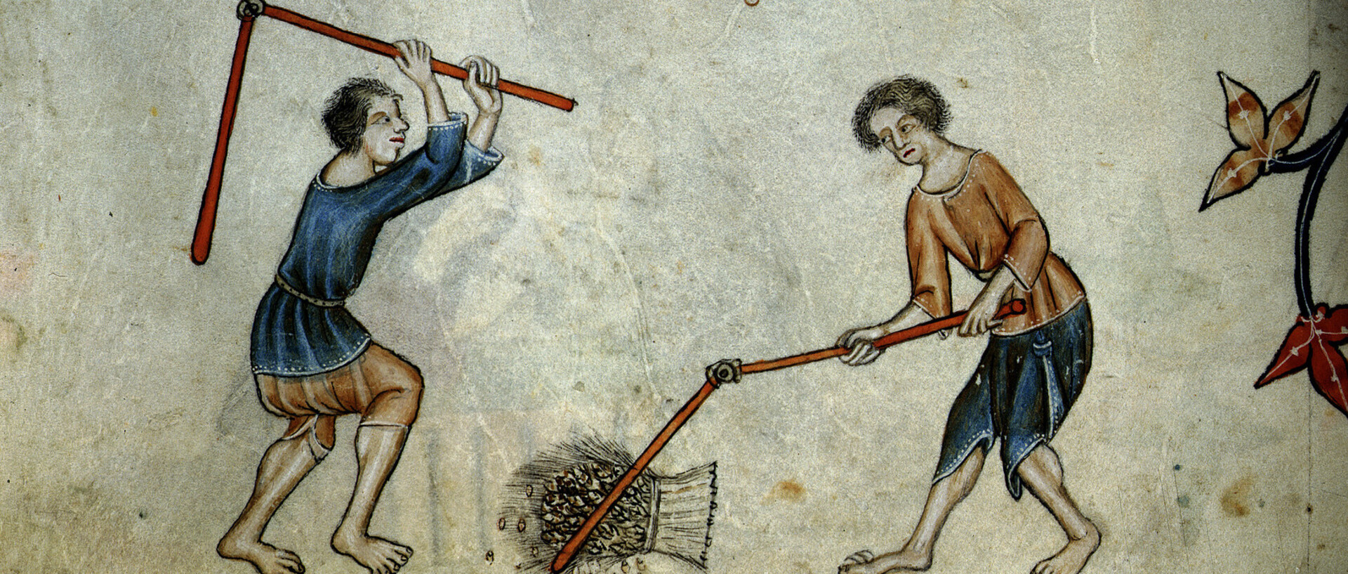 medieval depiction of two threshing people.