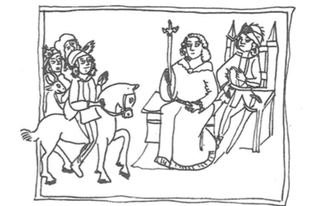 Horse riders on the right, a cleric with a cross and someone sitting on a throne to the right.