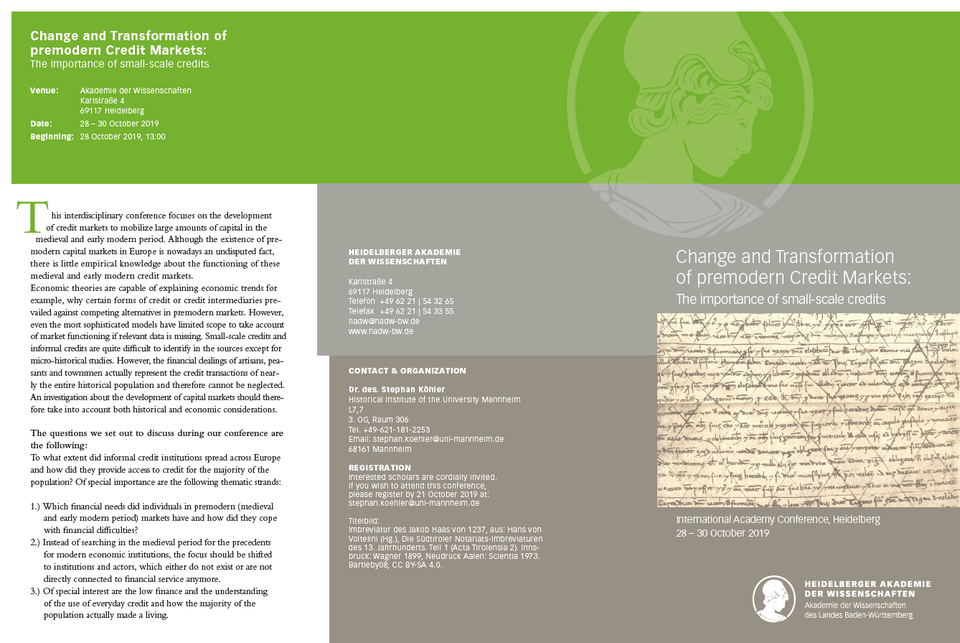 Flyer for a Conference on the importance of small scale credit for premodern society.