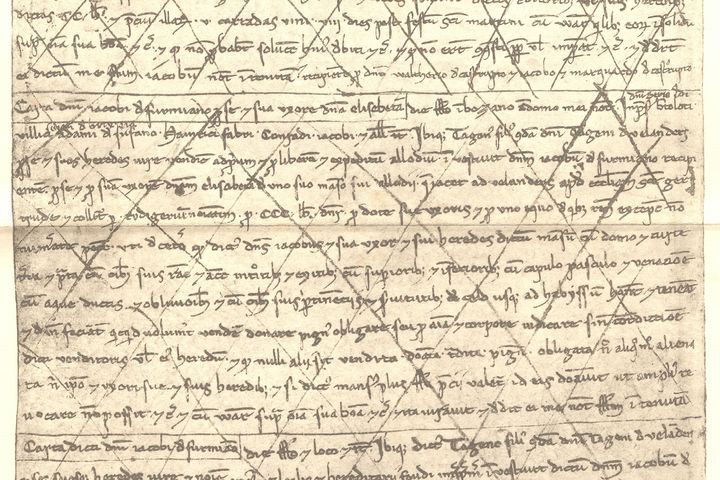 A Handwritten document by Jakob Haas, written in 1237 in Latin. Much of the Text is crossed out.