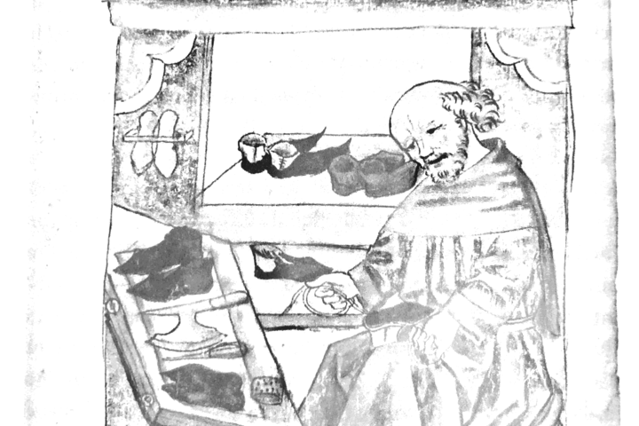 A medieval depiction of a cobbler working in his market stall.