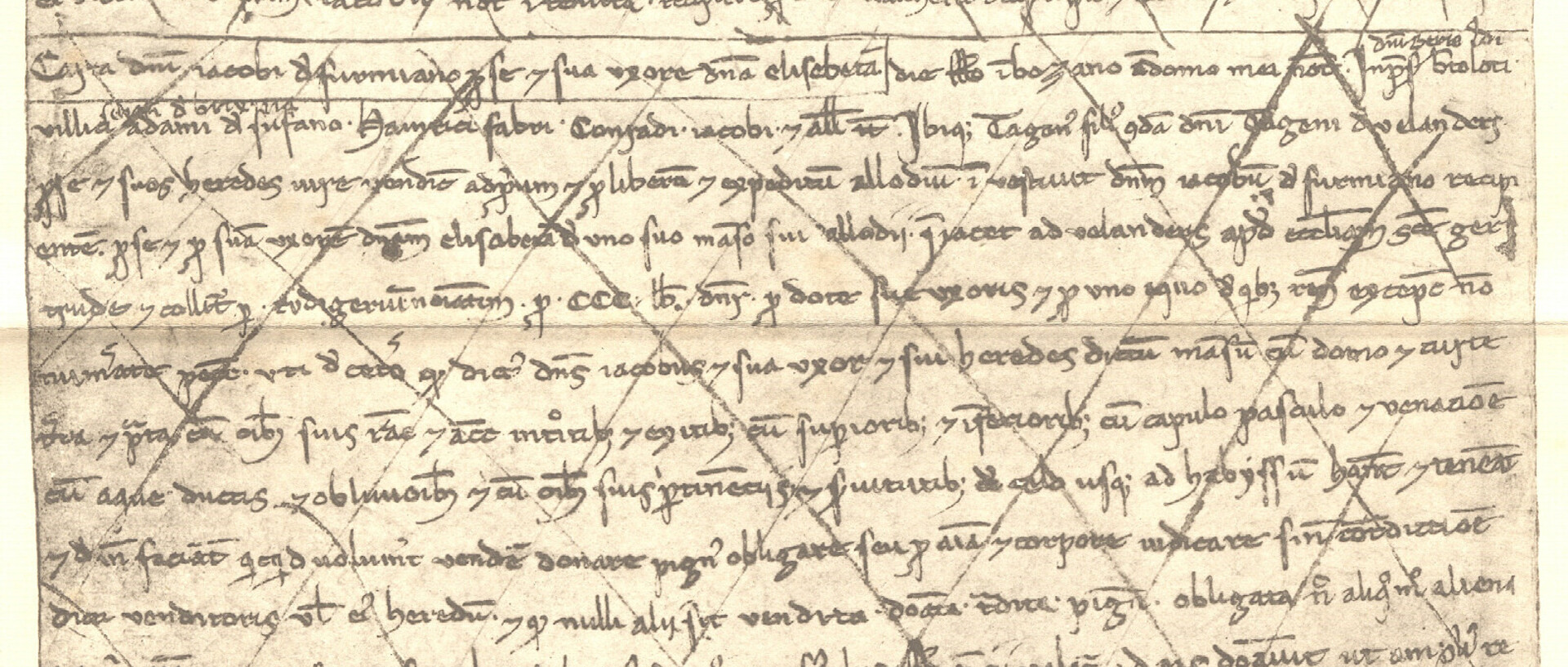 Ein Ausschnitt eines original Manuskripts von Jakob Haas aus dem Jahr 1237. Es ist in Latein verfasst und die gesamte Seite wurde durchgestrichen.