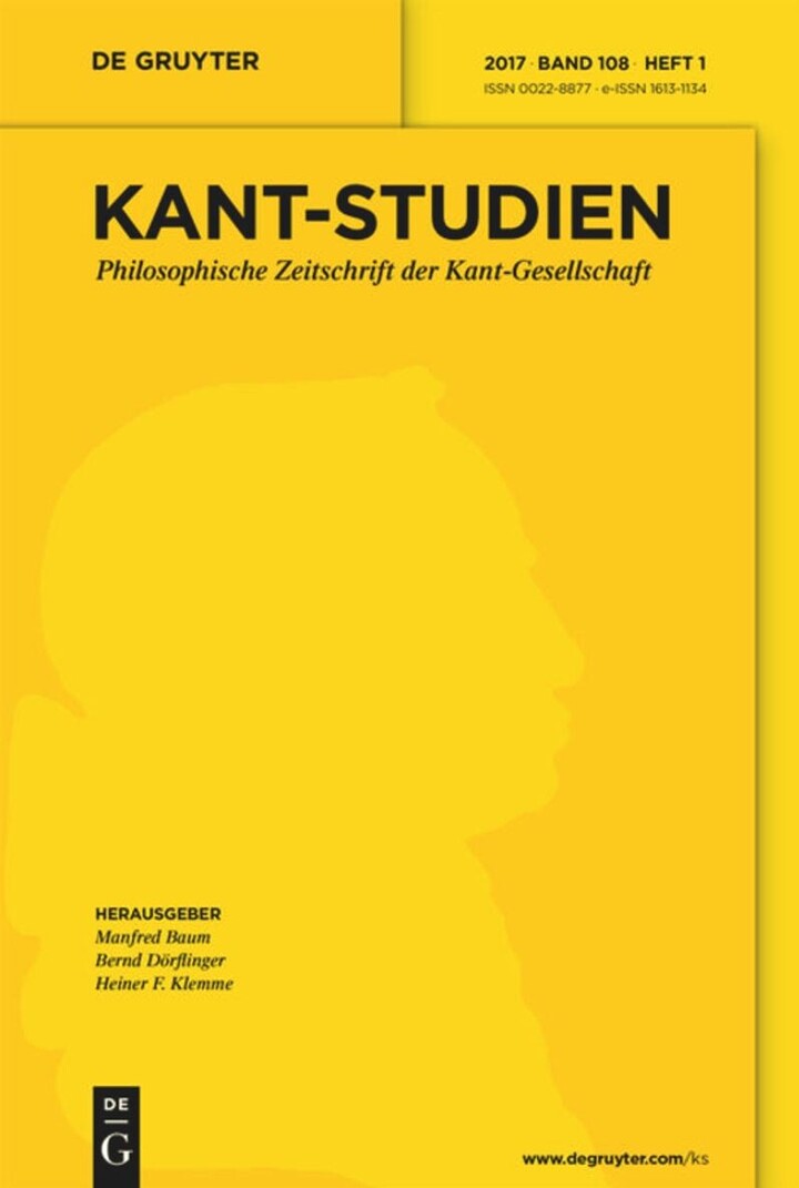 Titelblatt mit hervorstechender Hauptüberschrift "Kant-Studien" der Philosophischen Zeitschrift der Kant-Gesellschaft 2017 Band 108 Heft 1. Hintergrund in gelben Farbtönen, Textelemente schwarz.