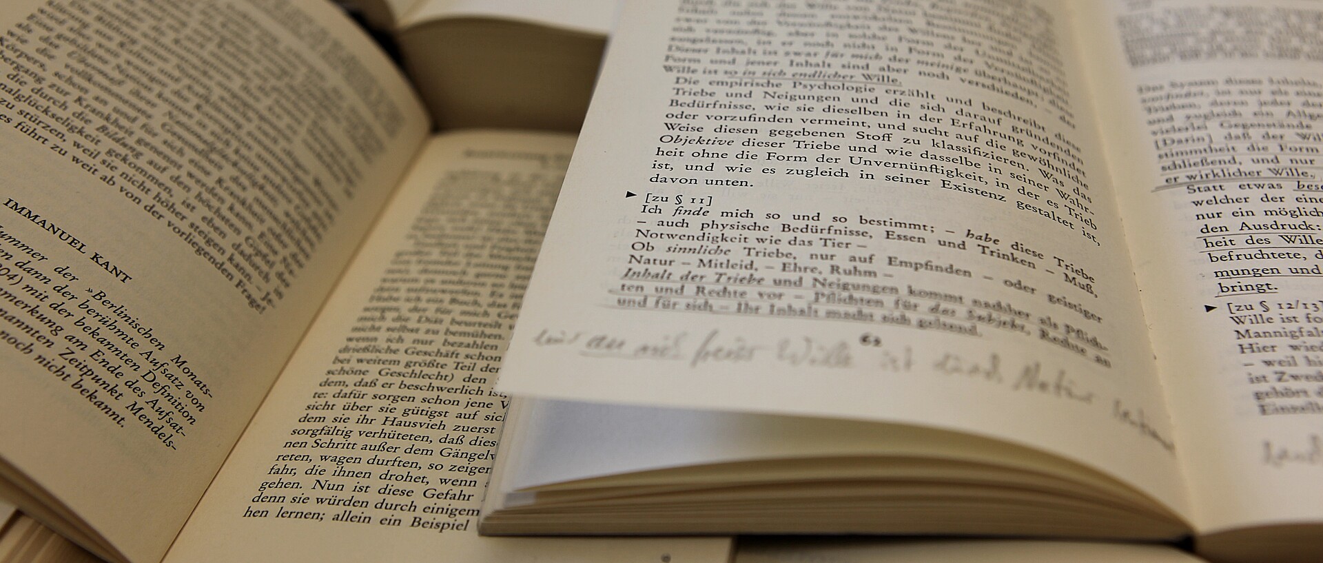 Mehrere aufgeschlagene Bücher liegen auf einem Tisch.