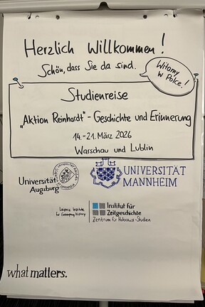 Beschriebenes Flipchart: "Herzlich Willkommen! Schön, dass Sie da sind. Witamy w Police! Studienreise "Aktion Reinhardt" – Geschichte und Erinnerung. 14.–21. März 2026 Warschau und Lublin." Darunter gezeichnet die Logos der Universitäten Mannheim und Augsburg, des Instituts für Zeitgeschichte am Zentrum für Holocaust-Studien München sowie der Organisation what matters.  