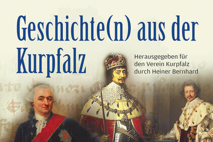 Buchcover 'Geschichte(n) aus der Kurpfalz' mit drei historischen Figuren und dem kurpfälzischen Wappen mit blau-weißem Rauten und zwei goldenen Löwen