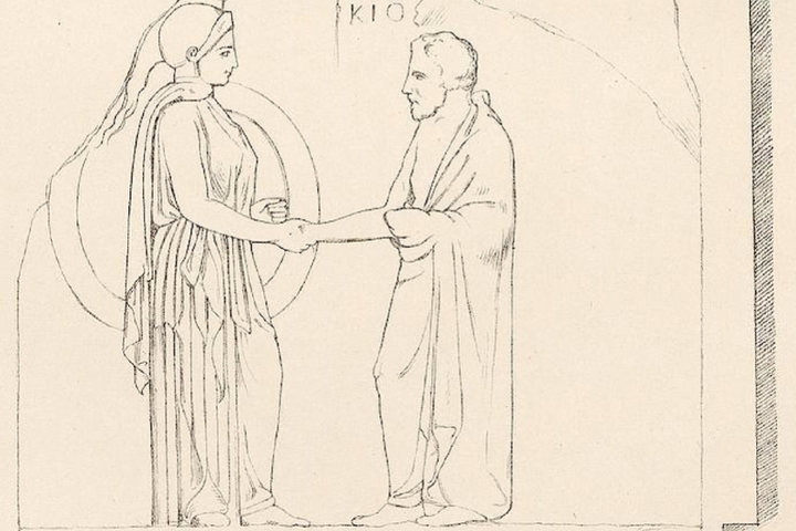 Zeichnung eines Reliefs mit den Resten der Überschrift eines Dekretes, das den händereichenden Figuren nach einen Vertrag zwischen Athen und Kios in Bithynien aus dem Jahr 406/5 v. Chr. beinhalte