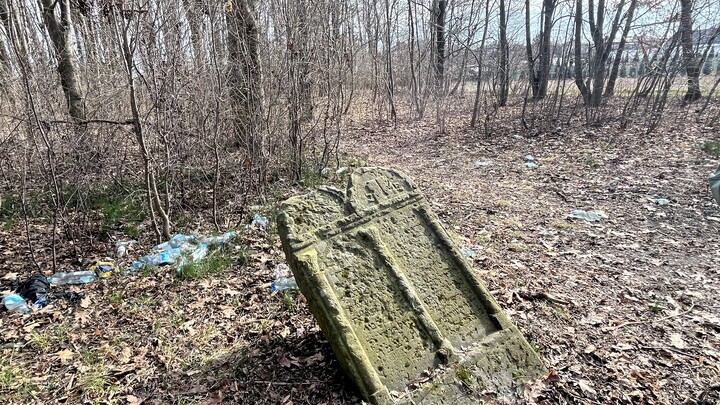 Ein umgefallener jüdischer Grabstein in einem Wald, darum herum liegt Müll. 