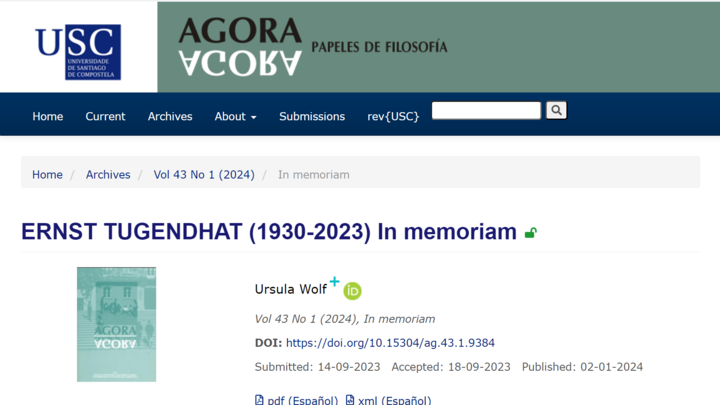 Screenshot ERNST TUGENDHAT (1930-2023). In memoriam, Agora:papeles de filosofía 43.1 (2024)