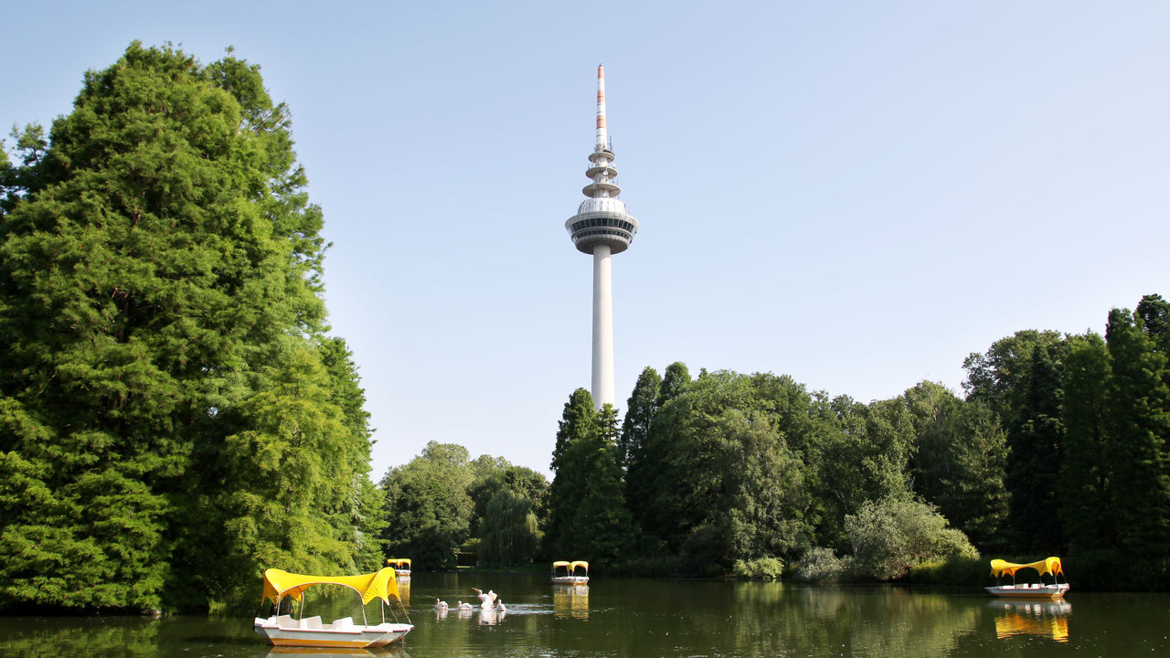 Kleine Boote mit gelbem Dach fahren auf einem See im Grünen. Der Mannheimer Fernsehturm steht im Hintergrund.