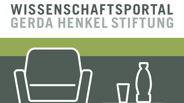 Das Logo des Wissenschaftsportals der Gerda Henkel Stiftung: Am oberen Rand steht in grüner Schrift auf weißem Hintergrund "Wissenschaftsportal Gerda Henkel Stiftung". Darunter ist vor grünem Hintergrund der weiße Umriss eines Sessels, daneben ein Trinkgefäß und eine Amphore. 