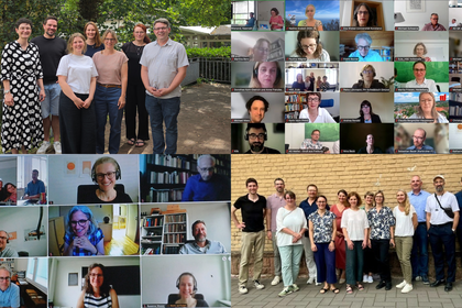 Eine Collage aus zwei Gruppenbildern und zwei Screenshots aus digitalen Konferenzen.