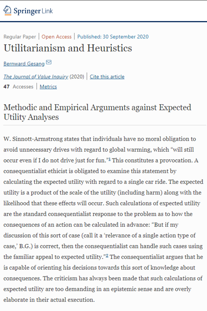 Screenshot Springer link of a publication from 30 September 2020 on ‘Utilitarianism and Heuristics’ by Bernward Gesang