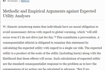 Screenshot Springer Link einer Publikation vom 30 September 2020 zu "Utilitarism and Heuristics" von Bernward Gesang