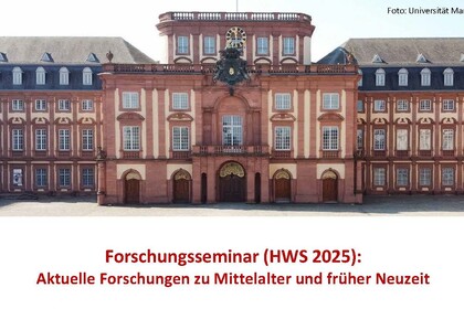 Vortragsprogramm des Seminars "Aktuelle Forschungen zu Mittelalter und früher Neuzeit" im HWS 2025 mit Ansicht des Barockschlosses Mannheim im Header