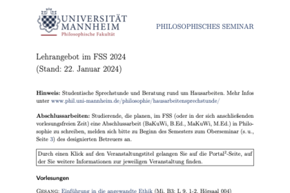 Screenshot einer DIN-A4-Seite mit dem Logo der Universität Mannheim mit den textlichen Zusätzen "Philosophische Fakultät" und "Philosophisches Seminar" und Überschrift "Lehrangebot im FSS 2024".