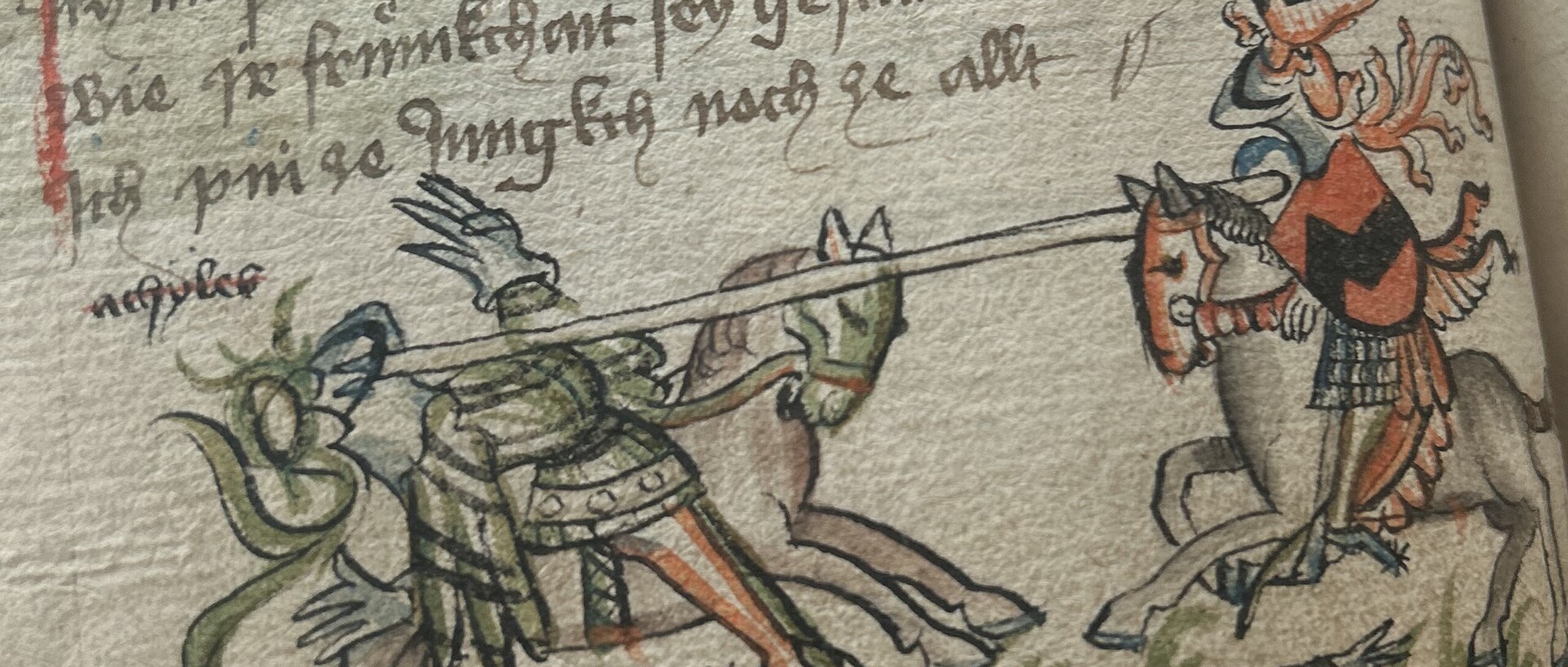 Ausschnitt einer Handschrift mit kolorierter Federzeichnung zweier tjostender Ritter mit Text