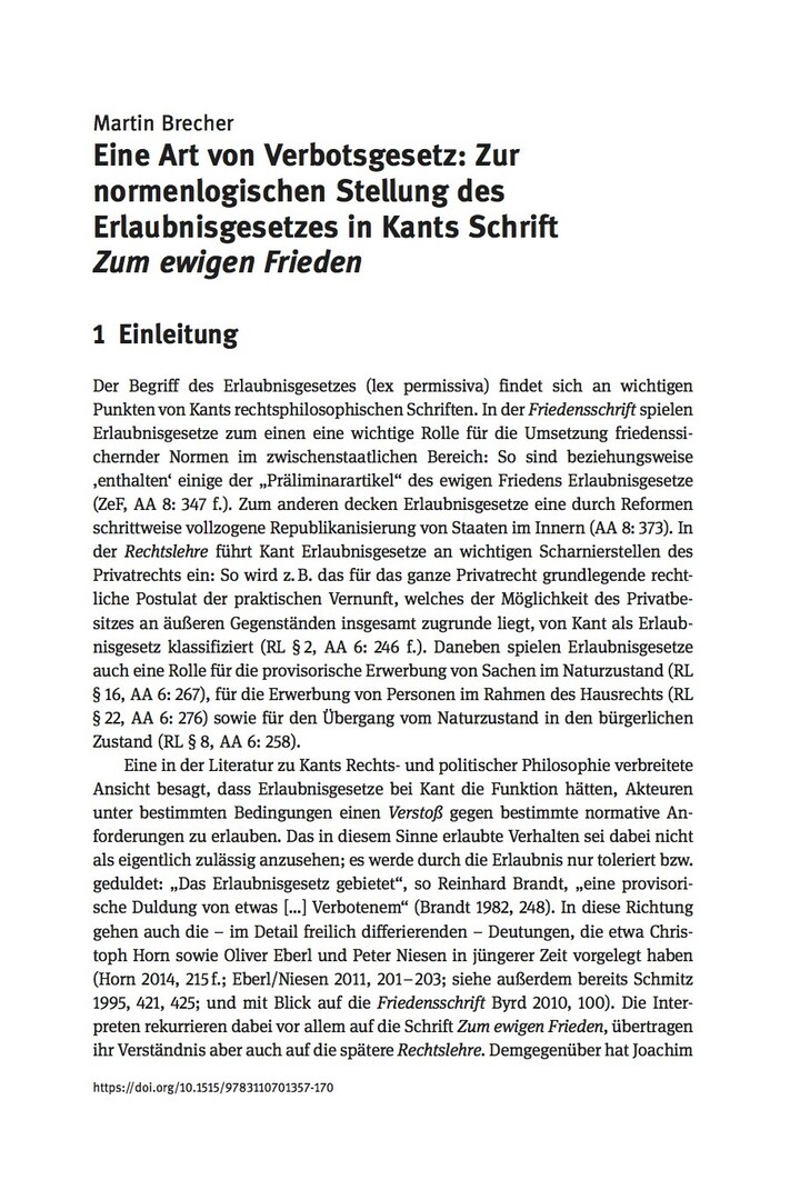 Graphic representation of a page from Martin Brecher: "Eine Art von Verbotsgesetz: Zur normenlogischen Stellung des Erlaubnisgesetzes in Kants Schrift Zum ewigen Frieden".