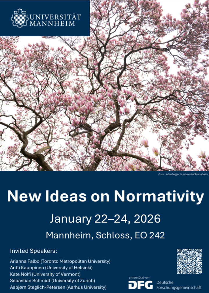 Plakat der Konferenz "New Ideas on Normativity" mit diesem Titel und weiteren Angaben in weißer Schrift auf blauem Grund in der unteren, sowie dem Bildmotiv eines blühenden Baumes und dem Logo der Universität Mannheim in der oberen Bildhälfte 