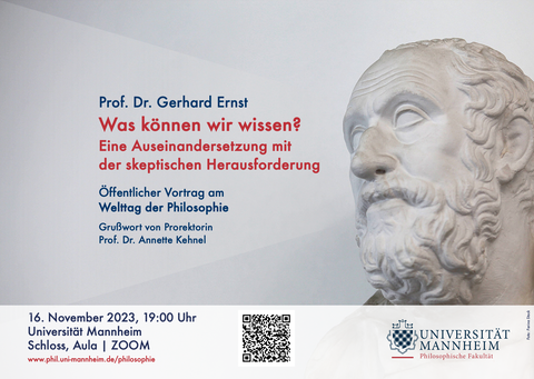 Poster zum Welttag der Philosophie 2023 mit diversen Angaben. Unter anderem Titel "Was können wir wissen?" und Vortragender Prof. Dr. Gerhard Ernst