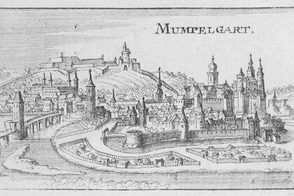 Stadtansicht von Mömpelgard, Federzeichnung aus dem 17. Jahrhundert