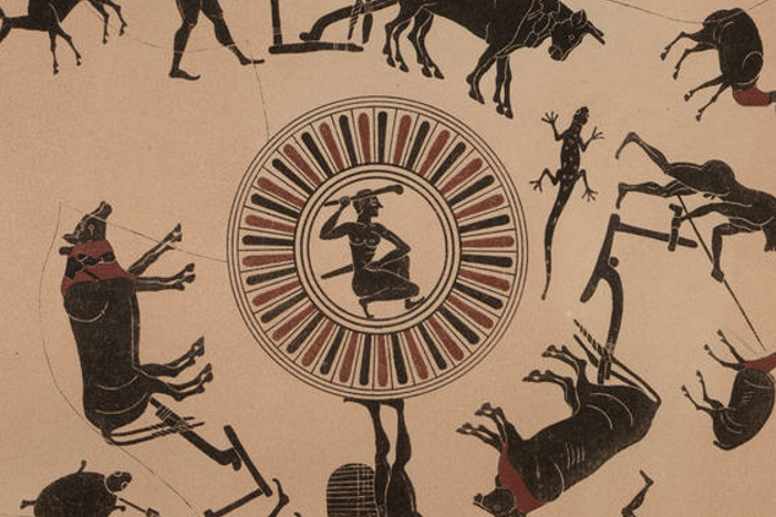 Innenbild einer attischen Trinkschale des Töpfers Nikosthenes aus dem sechsten Jh. v. Chr. mit Darstellungen von pflügenden Bauern, Sämann, Jägern und verschiedenen Tieren