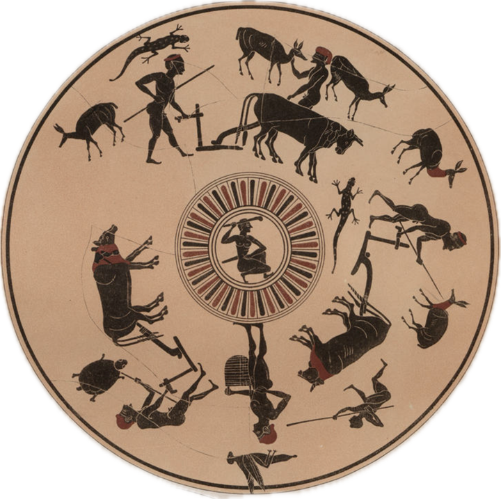 Innenbild einer attischen Trinkschale des Töpfers Nikosthenes aus dem sechsten Jh. v. Chr. mit Darstellungen von pflügenden Bauern, Sämann, Jägern und verschiedenen Tieren 