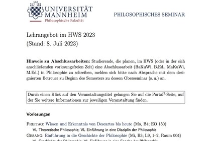 Screenshot einer DIN-A4-Seite mit dem Logo der Universität Mannheim mit den textlichen Zusätzen "Philosophische Fakultät" und "Philosophisches Seminar" und Überschrift "Lehrangebot im HWS 2023".