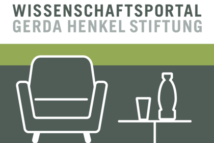 Das Logo des Wissenschaftsportals der Gerda Henkel Stiftung: Am oberen Rand steht in grüner Schrift auf weißem Hintergrund "Wissenschaftsportal Gerda Henkel Stiftung". Darunter ist vor grünem Hintergrund der weiße Umriss eines Sessels, daneben ein Trinkgefäß und eine Amphore. 