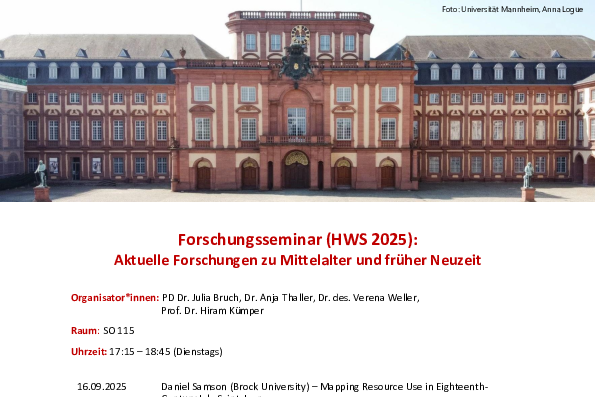 Programm des Forschungsseminars, oben ein Bild des Schlosses, darunter die einzelnen Beiträge.