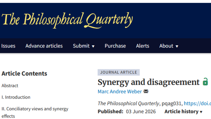 Screenshot der Headline des Artikels "Synergy and Disagreement" auf der Website von "The Philosophical Quarterly" mit deren Logo in gelber Schrift auf blauem Grund.