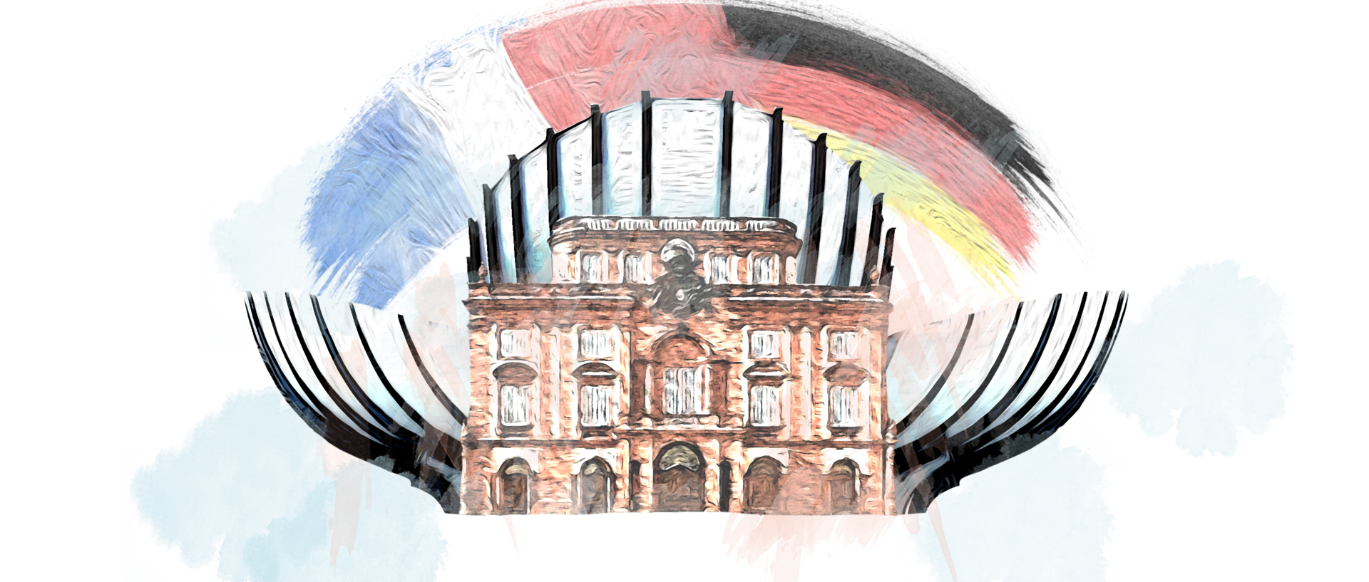 Zeichnung des Schlosses Mannheim, darüber Flaggen Frankreich und Deutschland