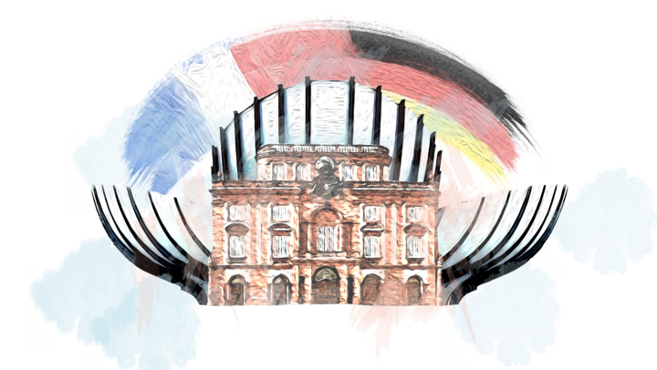 Zeichnung des Schlosses Mannheim, darüber Flaggen Frankreich und Deutschland