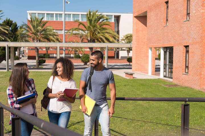 Zwei Studentinnen und ein Student laufen lachend über einen Universtitätscampus. Sie tragen sommerliche Kleidung und halten Bücher in ihren Händen. Die Gebäude sind aus rotem Backstein und im Hintergrund stehen Palmen.