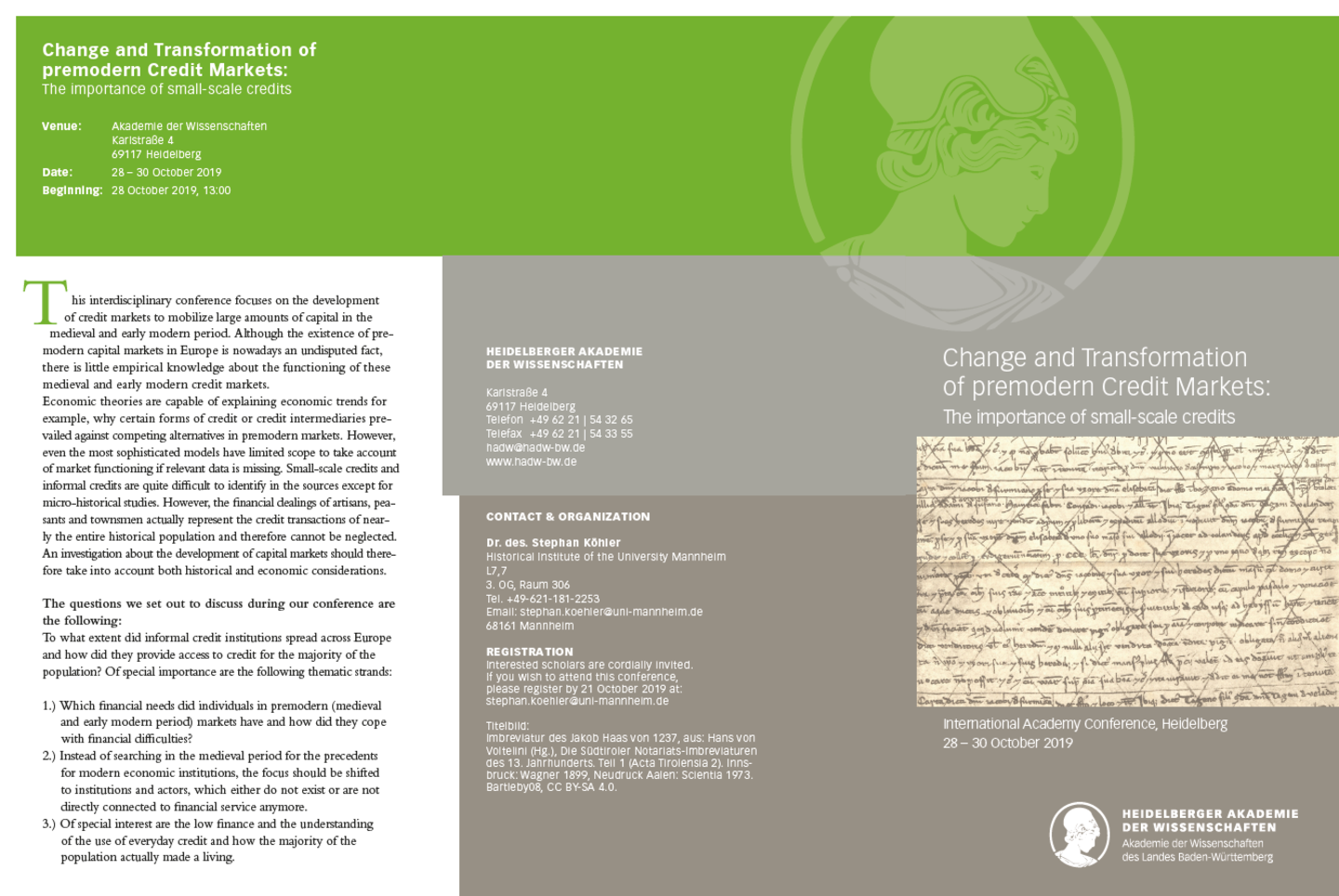 Flyer for a Conference on the importance of small scale credit for premodern society.