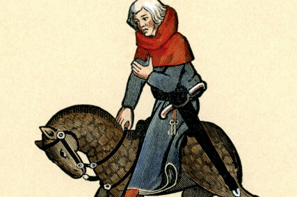 A section of the cover of Dr. Spike Gibbs new book. There is a man riding on a horse, dressed in blue, wearing a red hood as well as having a sword with him.