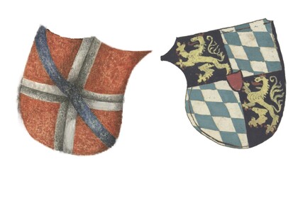 Wappen Savoyen-Achaia mit weißem Kreuz auf rotem Grund, darüber blauer Faden und Wappen Kurpfalz mit steigendem Löwen auf 1 und 4 und blau-silber geweckt auf 2 und 3