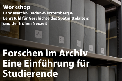 Plakat für den Workshop "Forschen im Archiv" mit Beschreibungstext in weiß vor einem Foto von grauen Aktenschubern