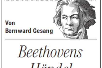 Schwarz-weiße Darstellung von Beethovens Silhouette auf weißem Hintergrund mit blauer Headline "MEIN BEETHOVEN" und weiteren Angaben in schwarz "Beethovens Händel. Von Bernward Gesang".
