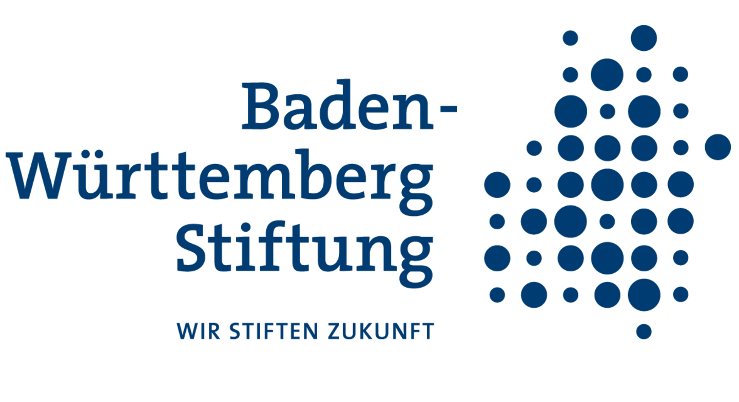 Das Logo der Baden-Württemberg Stiftung: Auf der linken Seiten der blaue Schriftzug "Baden-Württemberg Stiftung. Wir stiften Zukunft". Rechts daneben ein Muster aus in Reihen eingeteilten blauen Punkten unterschiedlicher Größe.  
