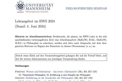 Screenshot einer DIN-A4-Seite mit dem Logo der Universität Mannheim mit den textlichen Zusätzen "Philosophische Fakultät" und "Philosophisches Seminar" und Überschrift "Lehrangebot im HWS 2024".