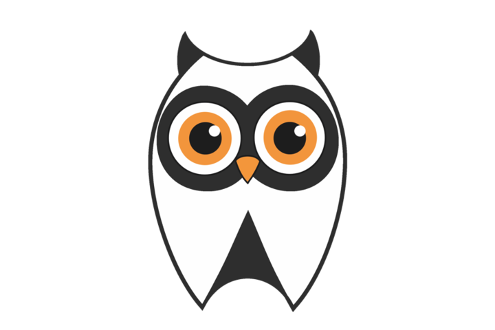 Zweifarbige geometrische Darstellung einer Eule in Schwarz und Orange auf weißem Hintergrund.