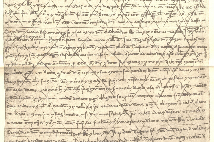 Ein Handschriftliches Dokument von Jakob Haas, im Jahr 1237 auf Latein verfasst. Ein Großteil des Textes ist durchgestrichen.
