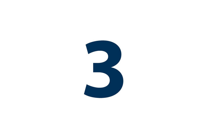 The number "three" can be seen in blue on a white background.